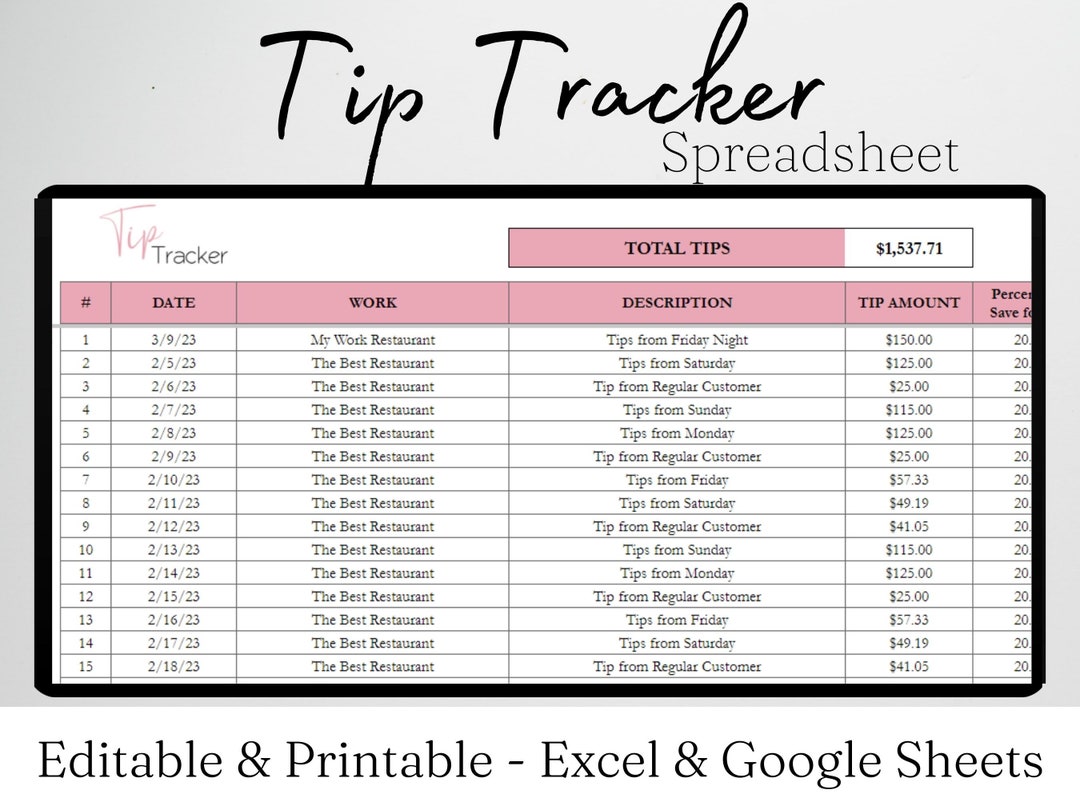 Tip Tracker Excel Spreadsheet, Tips Tracker, Tip Shift Tracker, Server Tip Tracker Excel Spreadsheet, Tips Tracker, Tip Shift Tracker, Server