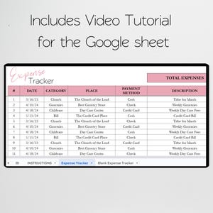 May include: A pink and white Google Sheet template for tracking expenses. The sheet includes columns for date, category, place, payment method, and description. The sheet is titled "Expense Tracker".