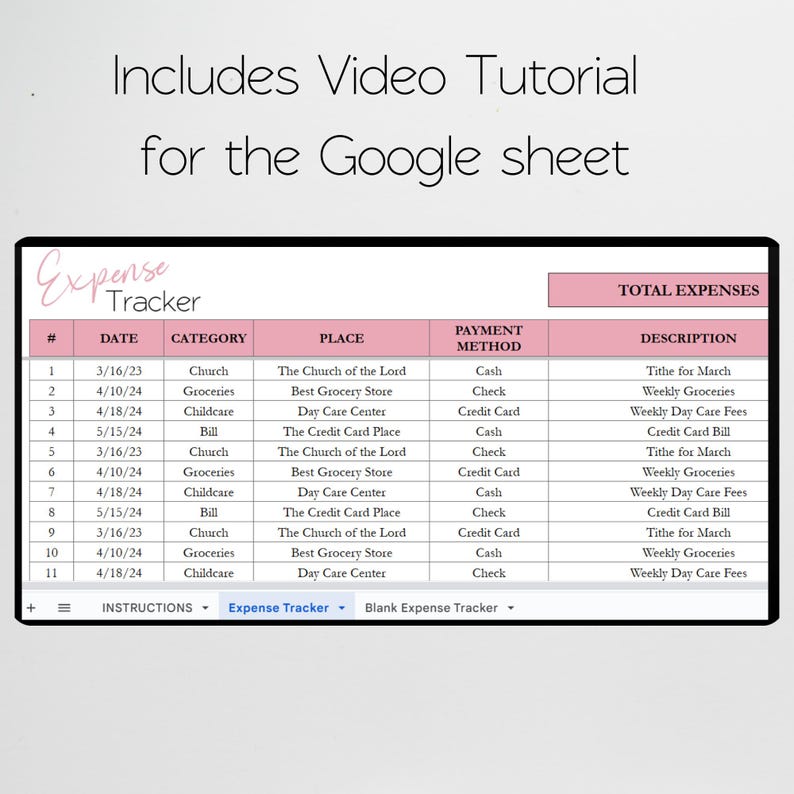 May include: A pink and white Google Sheet template for tracking expenses. The sheet includes columns for date, category, place, payment method, and description. The sheet is titled "Expense Tracker".