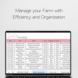 May include: A daily schedule for managing a farm, with tasks, duties, time, frequency, and farmer assigned to each task. The schedule includes tasks such as feeding livestock, harvesting lettuce, collecting eggs, planting carrots, and watering crops.