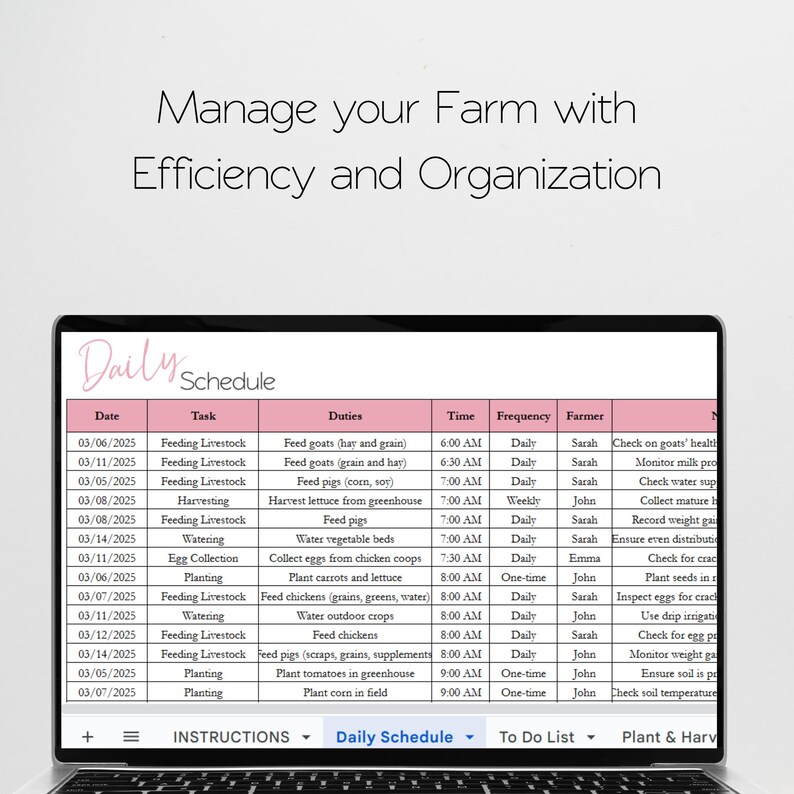 May include: A daily schedule for managing a farm, with tasks, duties, time, frequency, and farmer assigned to each task. The schedule includes tasks such as feeding livestock, harvesting lettuce, collecting eggs, planting carrots, and watering crops.