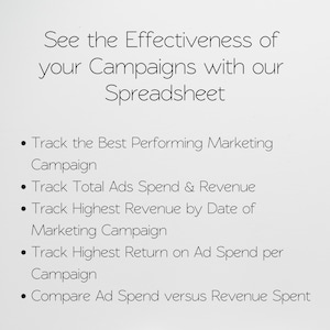May include: Text on a white background that reads: "See the Effectiveness of your Campaigns with our Spreadsheet."  The text below lists five bullet points: "Track the Best Performing Marketing Campaign", "Track Total Ads Spend & Revenue", "Track Highest Revenue by Date of Marketing Campaign", "Track Highest Return on Ad Spend per Campaign", and "Compare Ad Spend versus Revenue Spent".