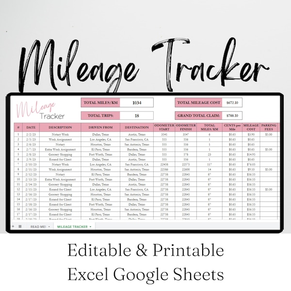 Mileage Tracker, Mileage Log, Miles Traveled, Vehicle Mileage, Car Mileage Printable Travel Log, Trip Tracker Mileage Excel Spreadsheet Fuel