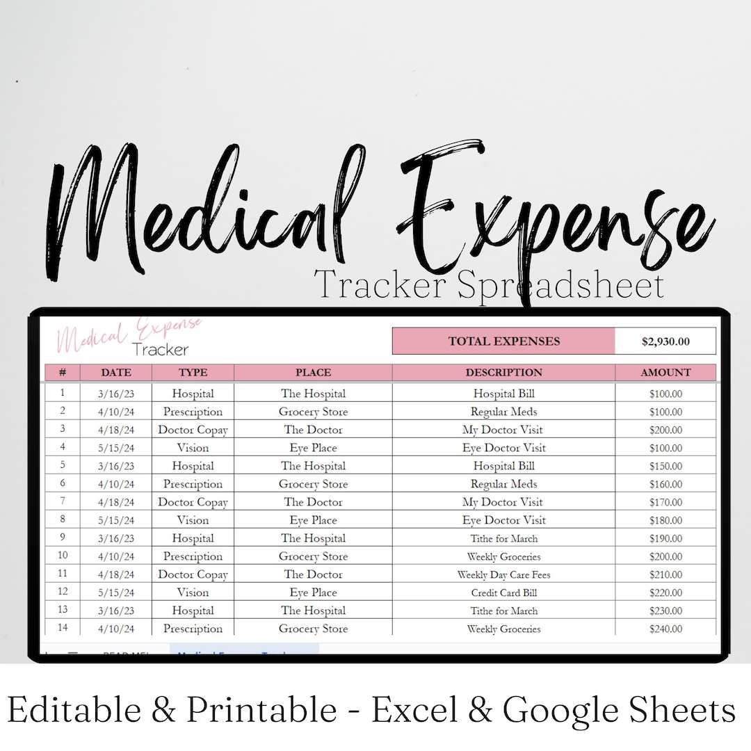 Medical Expense Tracker, Tax Deductions Tracking Sheet, HSA Tracker FSA, Medical Spreadsheet