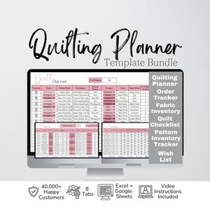 May include: A digital quilting planner template bundle displayed on computer screens, featuring spreadsheets for project tracking, fabric inventory, and checklists. The interface uses a pink and white color scheme with text labels for Quilting Planner, Order Tracker, Fabric Inventory, Quilt Checklist, Pattern Inventory Tracker, and Wish List.