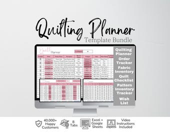 May include: A digital quilting planner template bundle displayed on computer screens, featuring spreadsheets for project tracking, fabric inventory, and checklists. The interface uses a pink and white colour scheme with text labels for Quilting Planner, Order Tracker, Fabric Inventory, Quilt Checklist, Pattern Inventory Tracker, and Wish List.