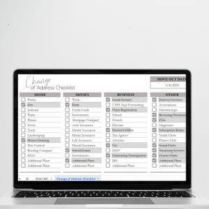 May include: A laptop screen displaying a digital Change of Address Checklist with four columns labeled Home, Money, Business, and Other. The document includes a Move Out Date of 1/4/2023 and various checkboxes, some of which are marked with checkmarks.