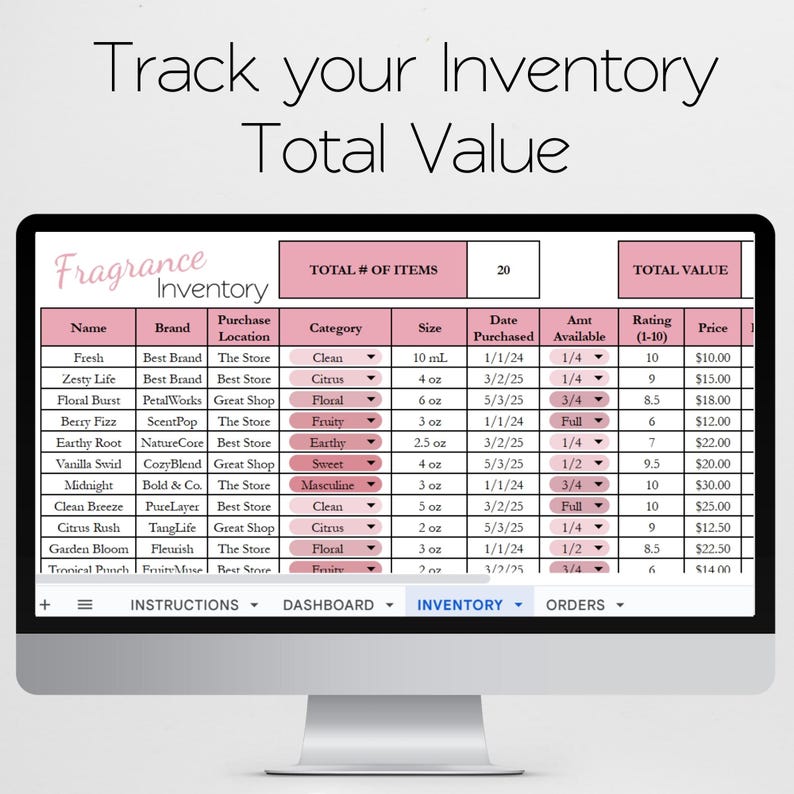 May include: A computer monitor displays a fragrance inventory spreadsheet. The pink-themed spreadsheet includes columns for name, brand, category, size, and price. The text at the top reads "Track your Inventory Total Value."