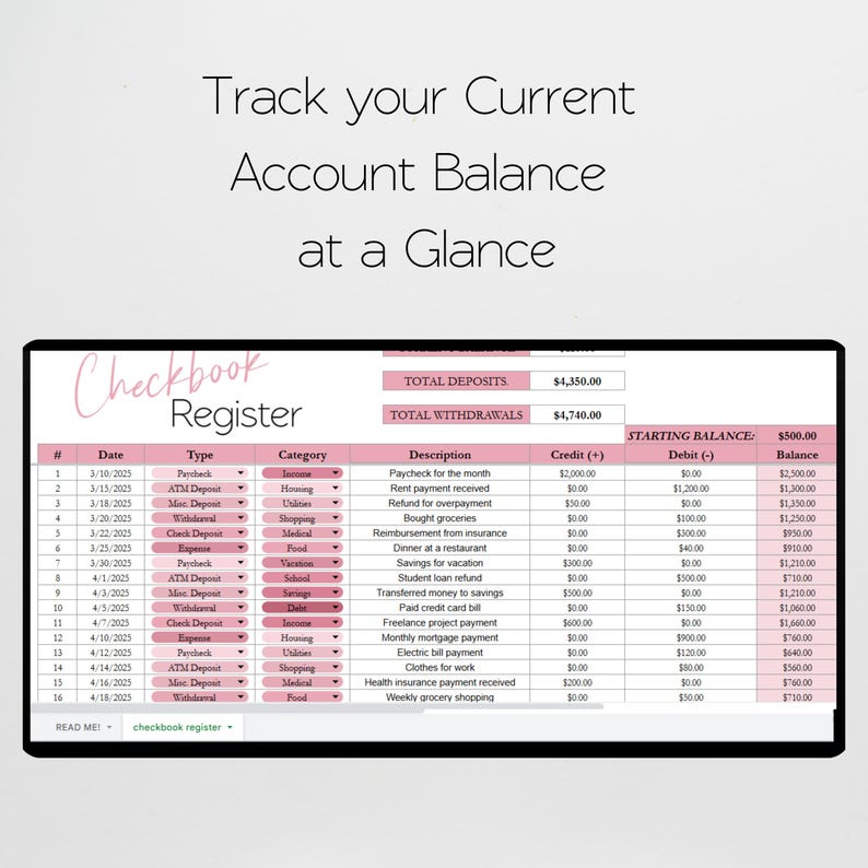 May include: A digital checkbook register spreadsheet template featuring pink headers and rows. The text reads Track your Current Account Balance at a Glance and Checkbook Register. It includes columns for date, type, category, description, credit, debit, and balance.