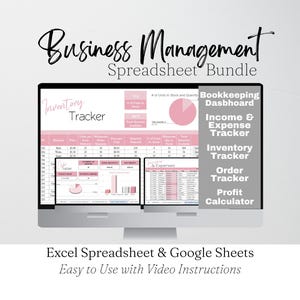 May include: A computer monitor displays a spreadsheet bundle with pink accents. The screen shows an inventory tracker, bookkeeping dashboard, income and expense tracker, and order tracker. Text at the top reads "Business Management Spreadsheet Bundle."