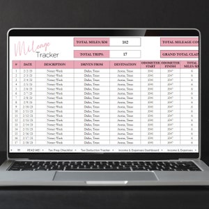 May include: A laptop screen displaying a mileage tracker spreadsheet with columns for date, description, driven from, destination, odometer start, odometer finish, and total miles. The spreadsheet shows 17 trips totaling 102 miles. The spreadsheet is titled "Mileage Tracker".