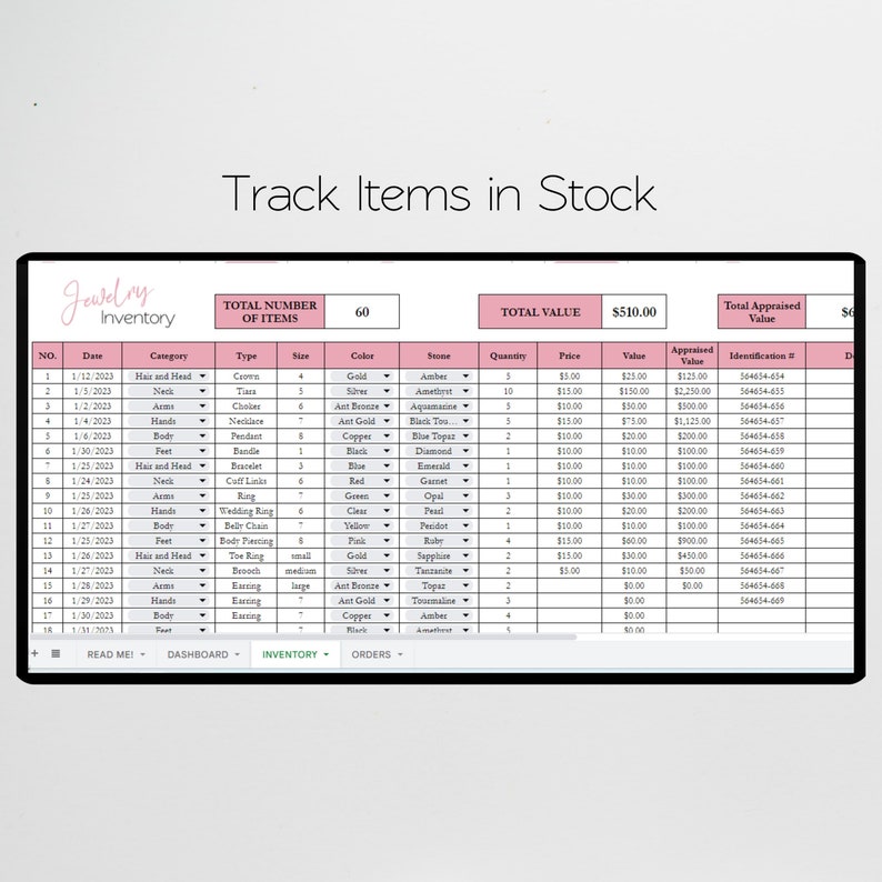 Smyckesinventering, planerare för smyckestillverkning, Excel-kalkylblad, logg, checklista för smyckesinventering, hem, smyckesföretag, Google Sheets bild 4