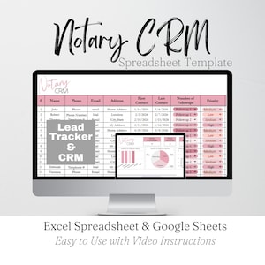 Plantilla de CRM para notarios, CRM de Excel para agentes de firma de préstamos, Hoja de cálculo de Google para notarios, Base de datos de clientes para la gestión de clientes potenciales de agentes de firma de préstamos.