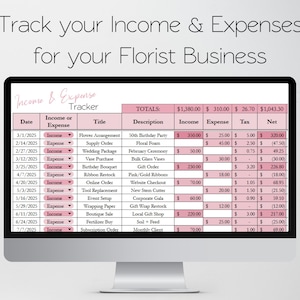 K&ouml;nnte beinhalten: Ein Computermonitor zeigt eine Tabelle mit dem Titel "Income & Expense Tracker" f&uuml;r ein Floristengesch&auml;ft. Die rosa Tabelle zeigt Einnahmen, Ausgaben und Nettogewinn. Der Text oben lautet "Track your Income & Expenses for your Florist Business."