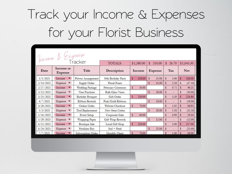 K&ouml;nnte beinhalten: Ein Computermonitor zeigt eine Tabelle mit dem Titel "Income & Expense Tracker" f&uuml;r ein Floristengesch&auml;ft. Die rosa Tabelle zeigt Einnahmen, Ausgaben und Nettogewinn. Der Text oben lautet "Track your Income & Expenses for your Florist Business."