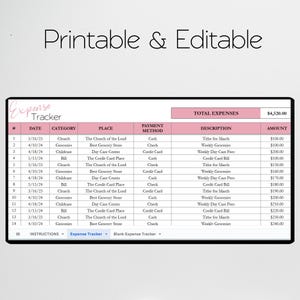 May include: A printable and editable expense tracker spreadsheet with columns for date, category, place, payment method, description, and amount. The spreadsheet is designed to help users track their expenses and budget their money. The total expenses are $4,520.00.