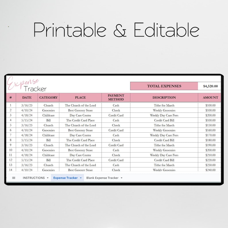 May include: A printable and editable expense tracker spreadsheet with columns for date, category, place, payment method, description, and amount. The spreadsheet is designed to help users track their expenses and budget their money. The total expenses are $4,520.00.
