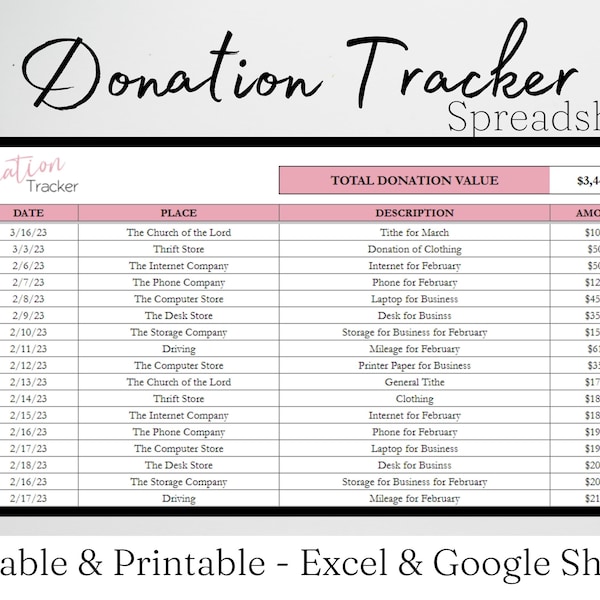 Foglio di calcolo Excel per il monitoraggio delle donazioni, Fogli Google modello di donazione, Elenco delle donazioni, Registro delle donazioni, Foglio dei modelli di donazioni per la preparazione delle tasse