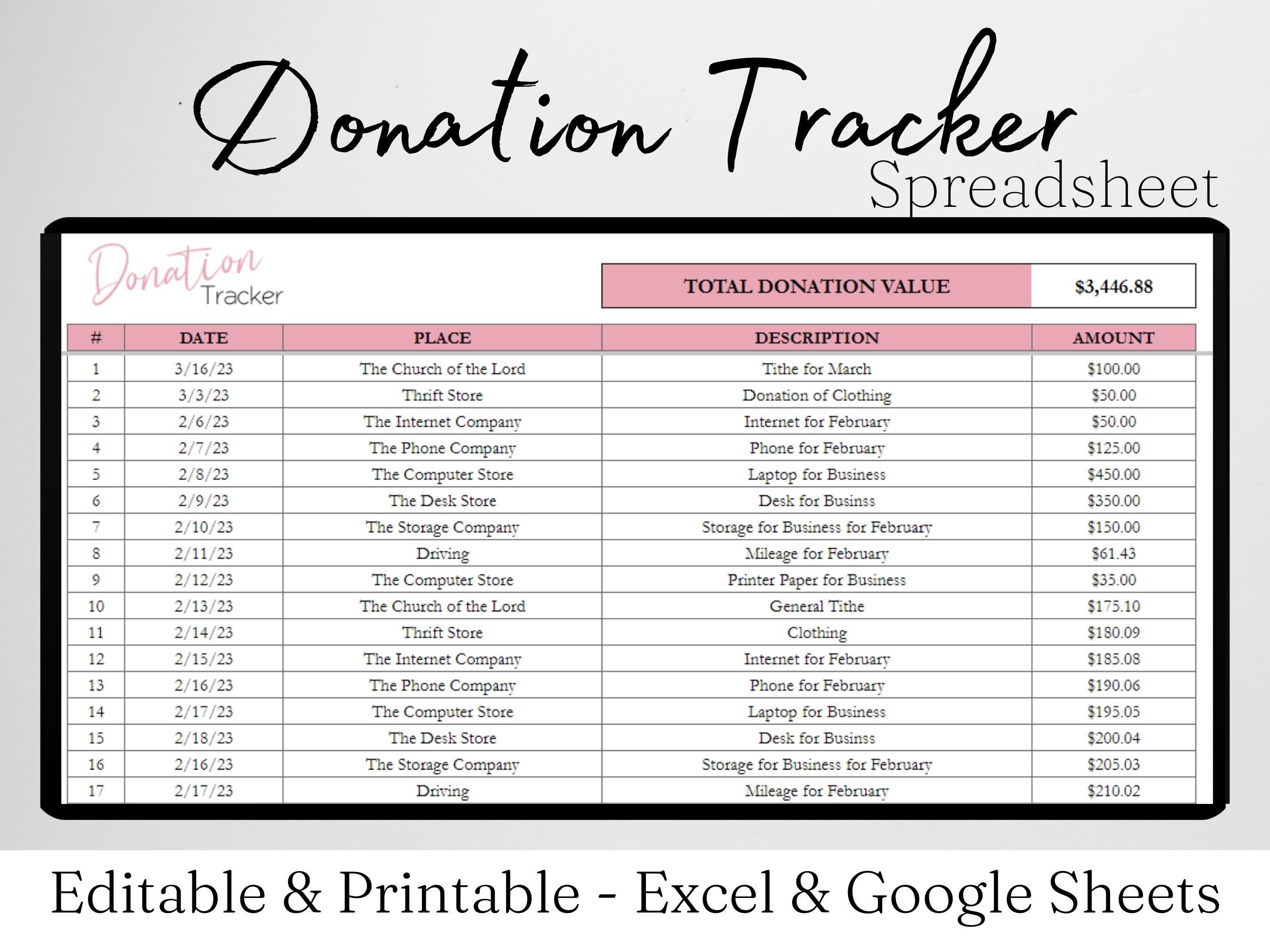 Donation Tracker Excel Spreadsheet, Donation Template Google Sheets