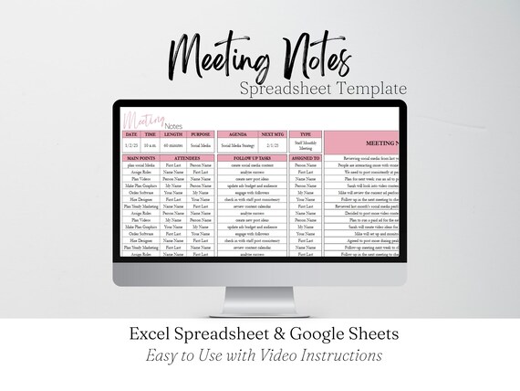 Meeting Notes Tracker, Meeting Minutes Template, Team Meeting Log, Meeting Spreadsheet, Office Notes, Note Taking Corporate Business Meeting