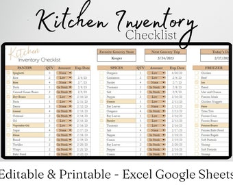 Kitchen Inventory Log, Pantry Inventory list, Food Inventory Tracker Checklist Template Google Sheets, Freezer Inventory Tracker Log Excel