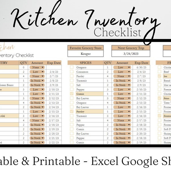 Kitchen Inventory Log, Pantry Inventory list, Food Inventory Tracker Checklist Template Google Sheets, Freezer Inventory Tracker Log Excel