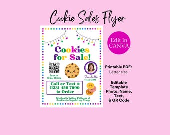 Cookie Sales Flyer, Fundraiser Template, Girl Troop Leader, 2025 Printable Flyer QR Code, Cookies Booth Flyer, Editable Flyer Canva