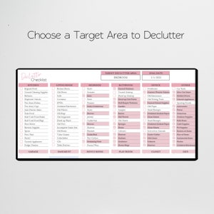 May include: A pink and white checklist with the title "Declutter Checklist" and a list of areas to declutter, including the kitchen, living room, bedroom, bathroom, office, and other. The checklist includes a goal date of 1/5/2023.