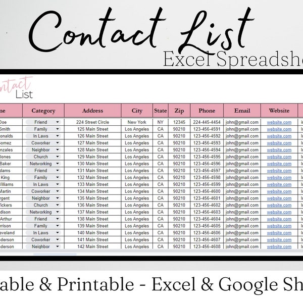 Contact List Template Excel Spreadsheet, Contact List Google Sheet, Contacts List, Contact Information, Contact Sheet, Contact Book Digital