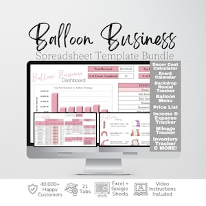 May include: A digital spreadsheet template bundle for a balloon business displayed on a computer monitor. The interface features a dashboard with pink charts, event tracking, and a menu. Text includes Balloon Business Spreadsheet Template Bundle.