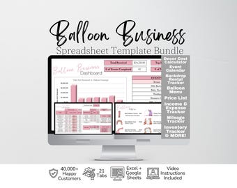 May include: A digital spreadsheet template bundle for a balloon business displayed on a computer monitor. The interface features a dashboard with pink charts, event tracking, and a menu. Text includes Balloon Business Spreadsheet Template Bundle.