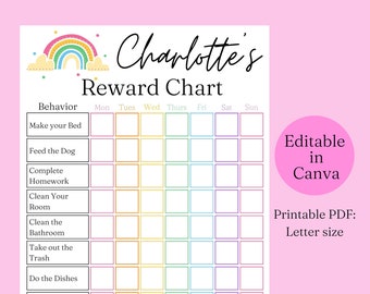 Reward Chart for Kids Printable, Editable in Canva, Sticker Chart Chore Chart for Teens, Toddler, Preschool, Behavior Chart Digital Template