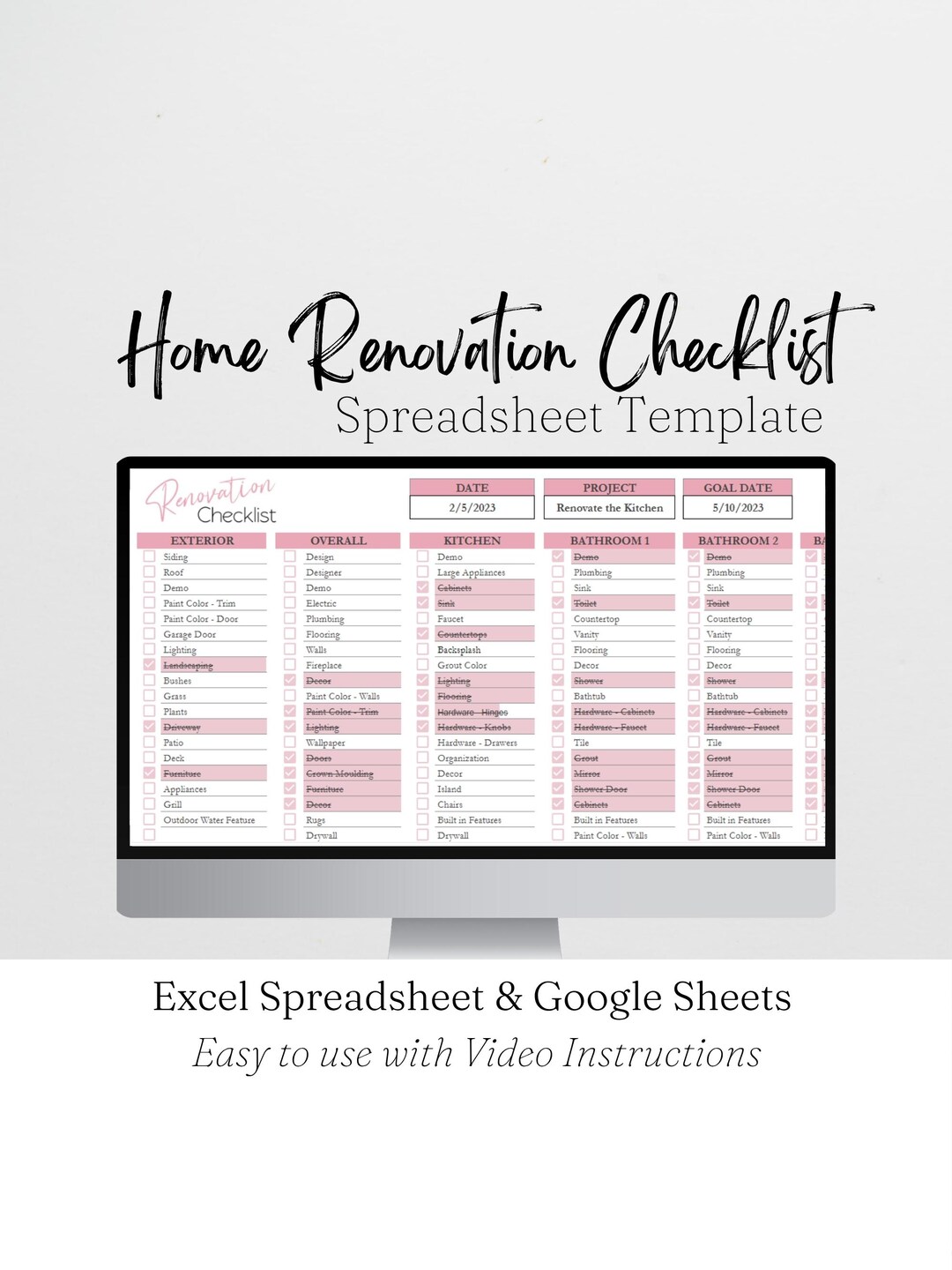 Home Renovation Checklist, Home Renovation Spreadsheet, Remodel ...