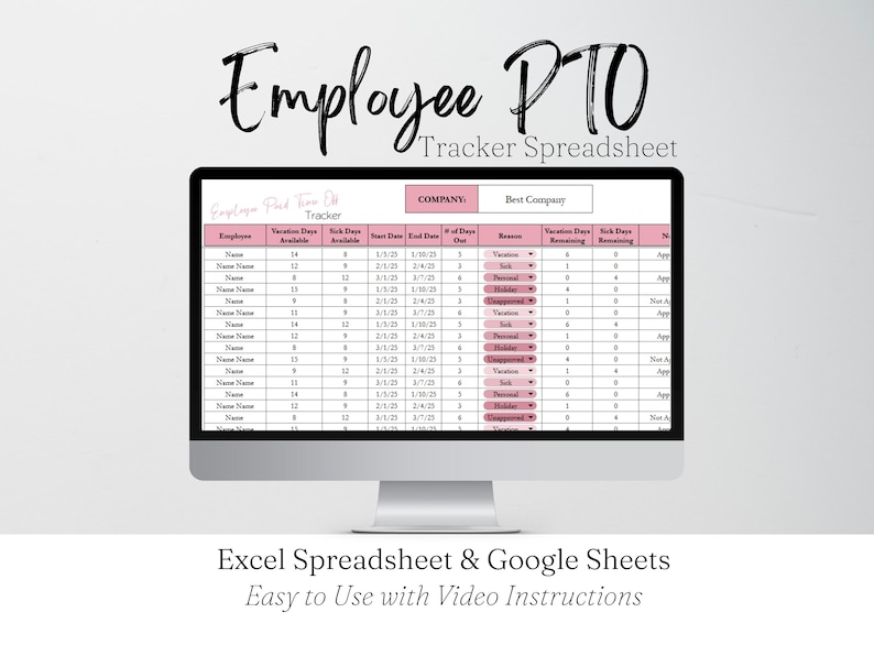 Employee PTO Tracker Template, Vacation Tracker, Leave Tracker, Time Off Tracker, HR Templates, Human Resources Business Excel Spreadsheet image 1