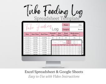 Plantilla de hoja de cálculo de Google para registro de alimentación por sonda, sonda J, sonda G, rastreador de sonda PEG, plantilla de hoja de cálculo de Excel para registro de cuidador de sonda de alimentación.