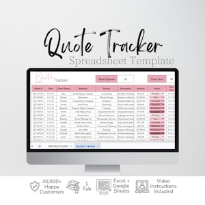 Könnte beinhalten: Ein Computermonitor zeigt eine Quote Tracker Tabellenvorlage mit rosa Kopfzeilen und Zeilen. Der Bildschirm zeigt Spalten für Angebotsnummer, Datum, Kundenname, Unternehmen, Dienstleistung, Beschreibung, Betrag, Status und Versanddatum. Text beinhaltet Quote Tracker Spreadsheet Template.