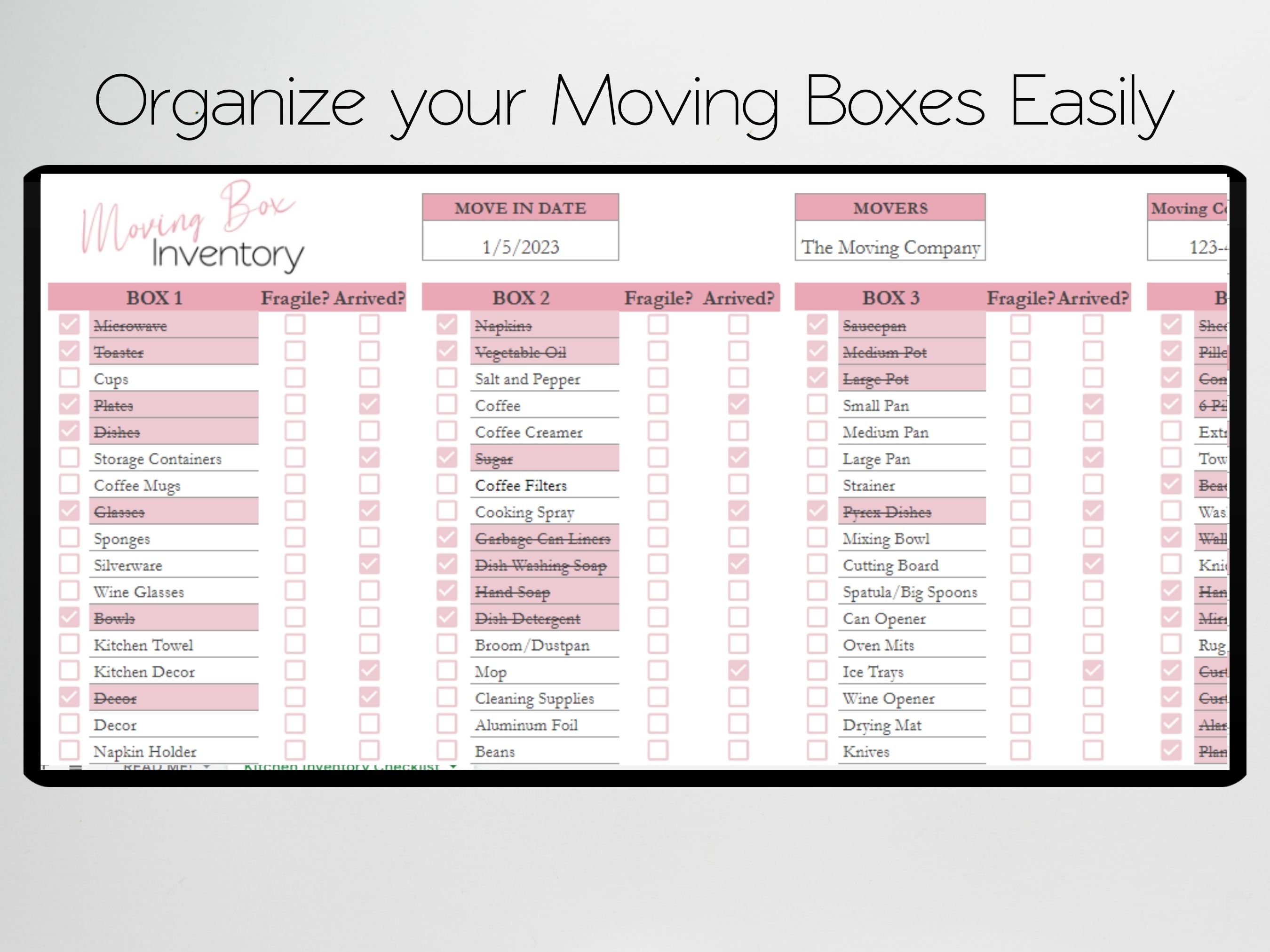 Moving Box Inventory Excel Spreadsheet, Organized Moving, Home