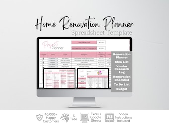 Planilha Excel para Planejamento de Reforma Residencial, Melhorias na Casa, Orçamento para Planejamento de Reforma Residencial, Planejador de Projetos Residenciais, Design de Interiores, Planilhas Google