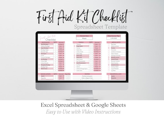 First Aid Kit Checklist, First Aid Checklist, First Aid Supply List, Emergency Checklist Disaster Preparation Excel Spreadsheet Google Sheet