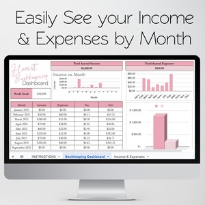 K&ouml;nnte beinhalten: Ein Computermonitor zeigt ein rosa-wei&szlig;es Buchhaltungs-Dashboard. Der Bildschirm zeigt Einkommens- und Ausgabendiagramme, Tabellen und den Text "Easily See your Income & Expenses by Month." Das Dashboard ist f&uuml;r einen Floristen.