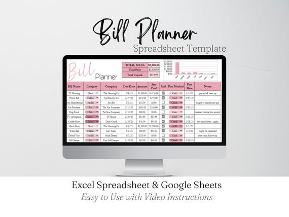 Bill Planner, Monthly Bill Tracker, Bill Spreadsheet, Financial Tracker, Finances, Monthly Bills Management, Finance Planner, Bill Organizer