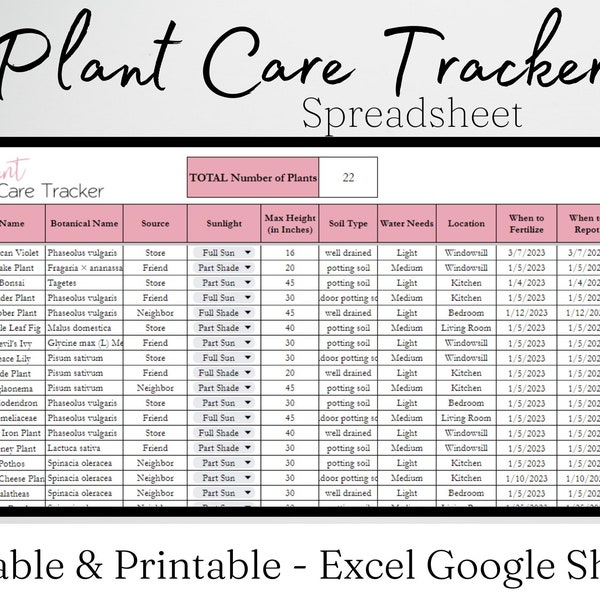 Plant Care Tracker Excel Spreadsheet, Houseplants Care, House Plant Tracker Google Sheets Indoor Plants Care Template Digital Plant Watering