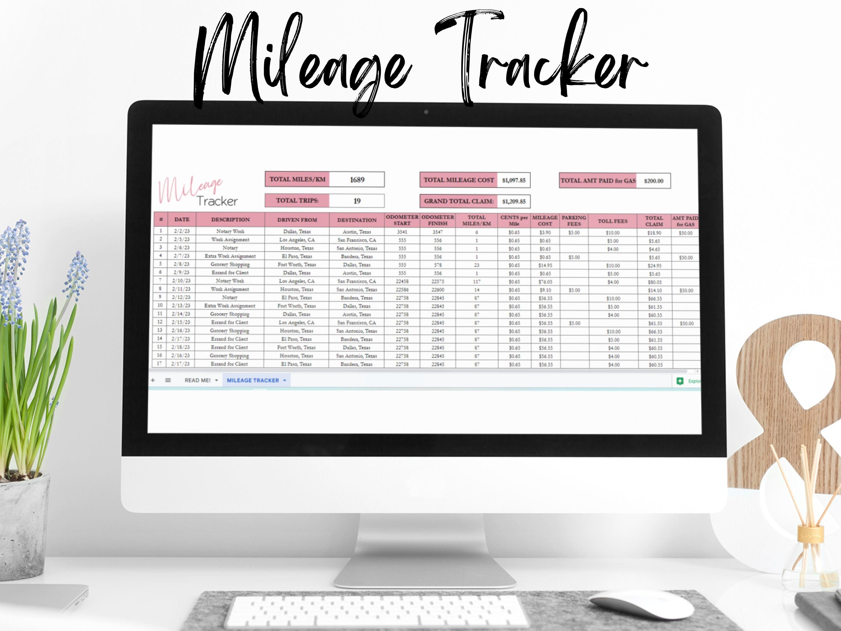 Mileage Log Template Excel Spreadsheet, Mileage Calculator, Mileage ...