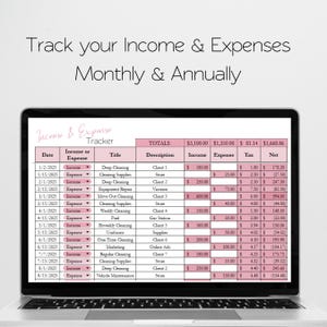 May include: A laptop screen displays an income and expense tracker spreadsheet. The spreadsheet shows monthly and annual financial data, including income, expenses, tax, and net amounts. The title at the top says "Track your Income & Expenses Monthly & Annually."