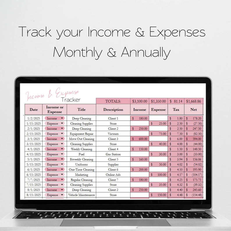 May include: A laptop screen displays an income and expense tracker spreadsheet. The spreadsheet shows monthly and annual financial data, including income, expenses, tax, and net amounts. The title at the top says "Track your Income & Expenses Monthly & Annually."