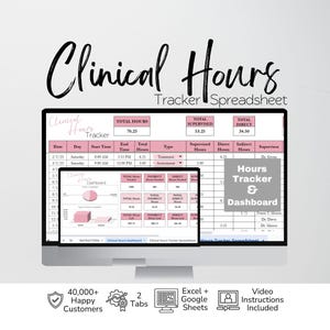 Clinical Hours Tracker Spreadsheet, Residency Hours Sheet, Supervision Log, Licensure, Nursing School, Social Worker Therapist Time Tracking