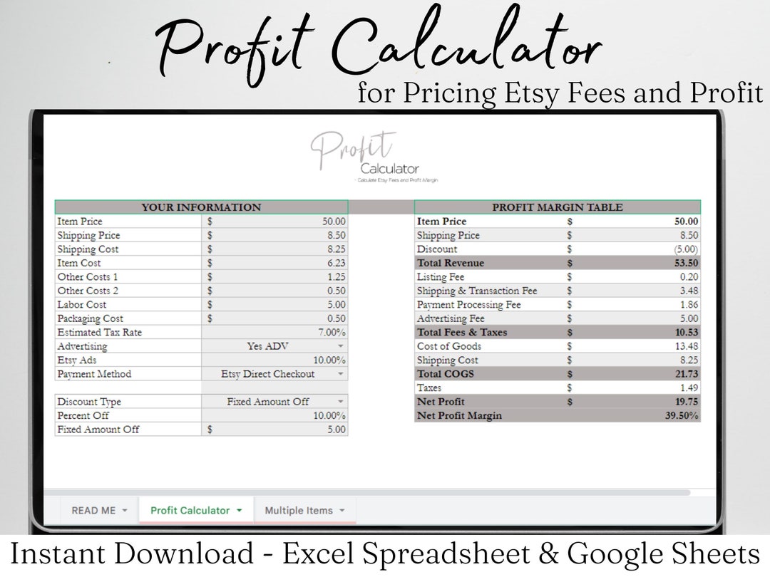 Fees Calculator for Etsy Fees and Profit Calculator Excel, Etsy Product