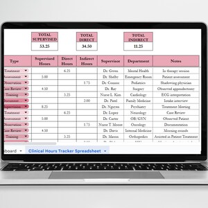 May include: A laptop screen displaying a Clinical Hours Tracker Spreadsheet with pink headers. The table includes columns for Type, Supervised Hours, Direct Hours, Indirect Hours, Supervisor, Department, and Notes, with totals at the top.