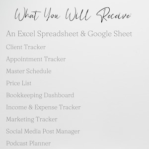 May include: A white background with black text listing digital spreadsheet tools. The text reads "What You Will Receive" followed by a list including "Client Tracker," "Appointment Tracker," and "Podcast Planner."