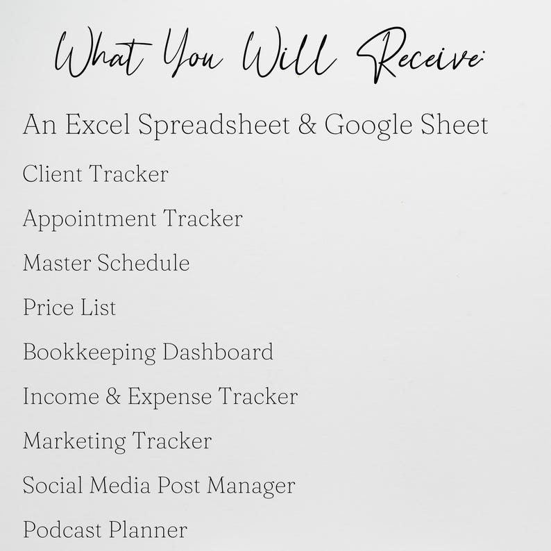May include: A white background with black text listing digital spreadsheet tools. The text reads "What You Will Receive" followed by a list including "Client Tracker," "Appointment Tracker," and "Podcast Planner."